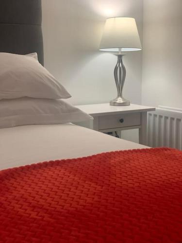 a bed with a red blanket and a lamp on a table at Beech Hill House - Self-Catering in Ballygawley in Ballygawley