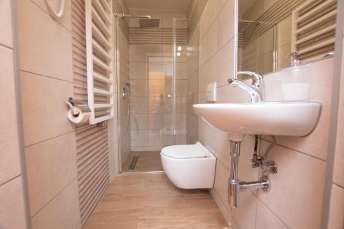 a bathroom with a sink and a toilet and a shower at Pod Hawraniem Ski & Bike Friendly in Jurgów