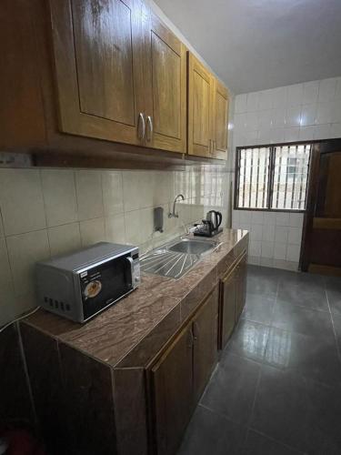 una cocina con fregadero y microondas en una encimera en Appartement immeuble k rass, en Dakar