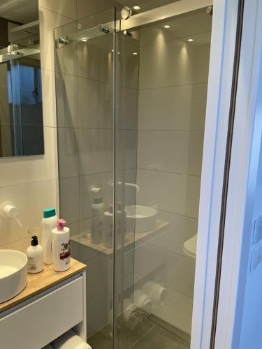 W łazience znajduje się szklana kabina prysznicowa i umywalka. w obiekcie Esmeralda w Palma de Mallorca