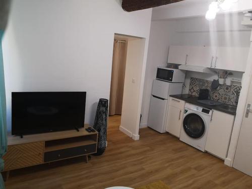 un salon avec une télévision et un lave-linge dans l'établissement Appartement Mourillon à 80m des plages, à Toulon
