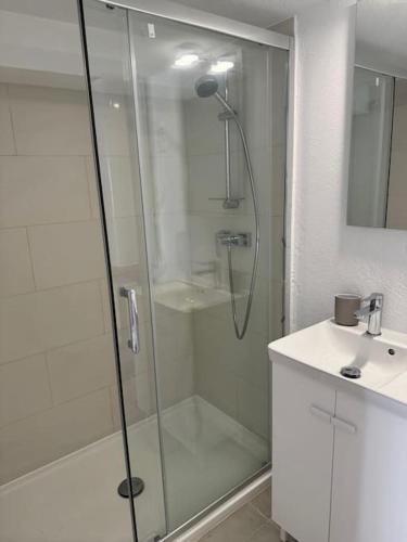 une douche avec une porte vitrée à côté d'un lavabo dans l'établissement Appartement 2 pièces face à l'océan-Hourtin Plage, à Hourtin
