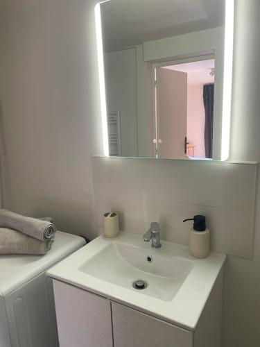 La salle de bains blanche est pourvue d'un lavabo et d'un miroir. dans l'établissement Les appartements d'Albertine - Clémence, à Bourges