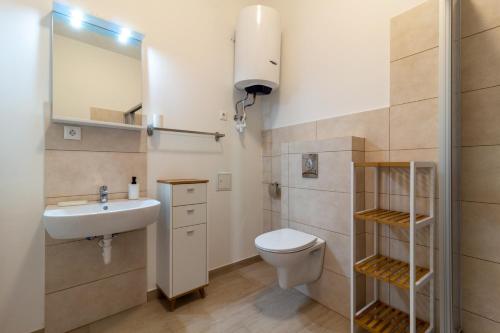 a bathroom with a sink toilet and a mirror at Apartment 4you in Oberpullendorf
