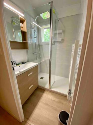 une salle de bain avec douche et lavabo dans l'établissement Agréable maison rénovée, à Lacanau-Océan
