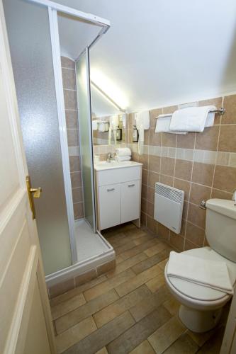 a bathroom with a shower and a toilet and a sink at Hotel Chalet De L'isere in Cannes