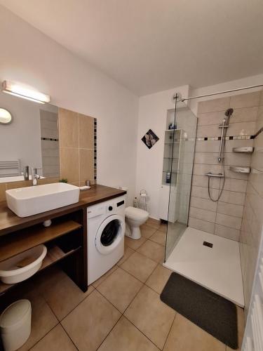 une salle de bain avec un lavabo et une machine à laver dans l'établissement APPARTEMENT MELODY, à Santa-Maria-Poggio