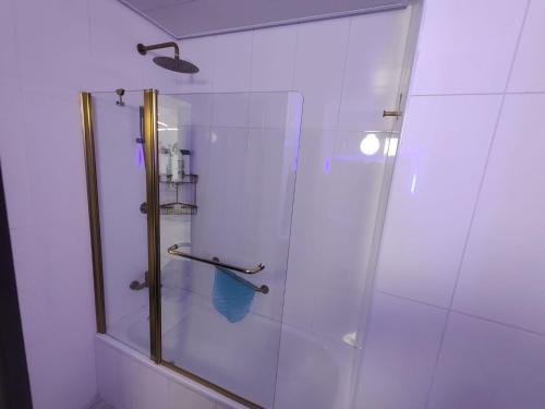 W łazience znajduje się prysznic ze szklanymi drzwiami. w obiekcie סוויטת פאר מול הים w mieście Aszdod