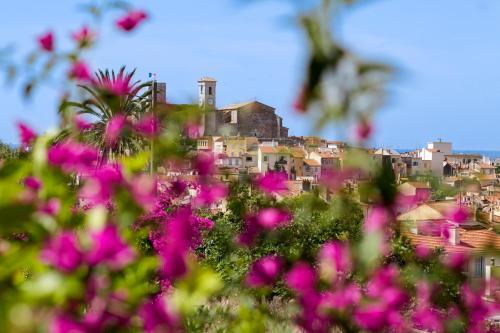 a group of pink flowers in front of a town at Hotel Chalet De L'isere in Cannes