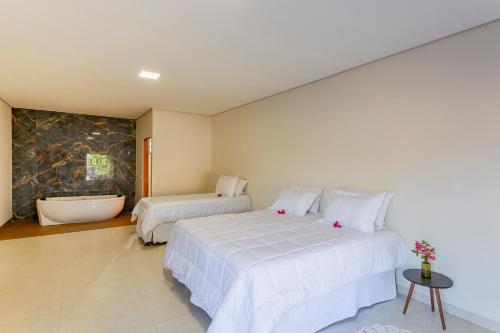 1 dormitorio con 2 camas y bañera en Anacã Ecolounge, en Bonito