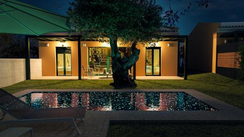 a tree sitting next to a pool at night at Galene Eco Luxury Villas in Acharavi