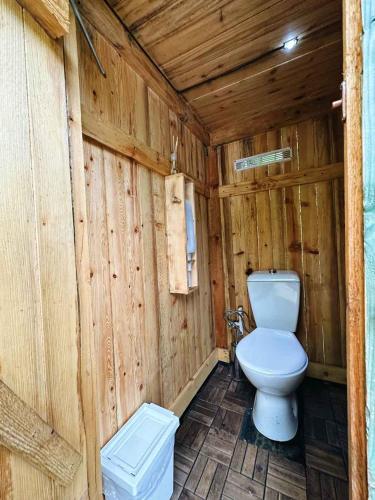 a bathroom with a toilet in a wooden cabin at Ala Glamping in Mudurnu