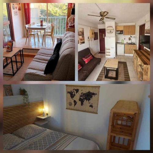 un collage de photos d'un salon et d'une cuisine dans l'établissement T1 à 100m de la plage, à Narbonne