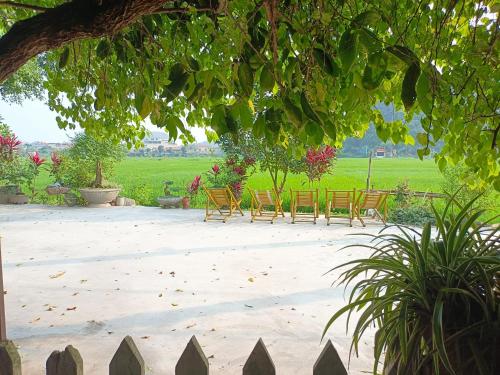 a row of wooden benches sitting in a park at Tam Coc Sunshine Homestay in Ninh Binh