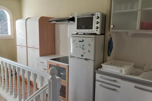 a small kitchen with a refrigerator and a microwave at Grand T1 meublé in Saint-Flour