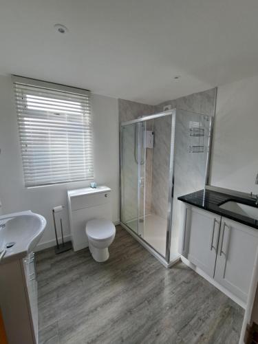 uma casa de banho com um chuveiro, um WC e um lavatório. em Westleigh House em Fishbourne