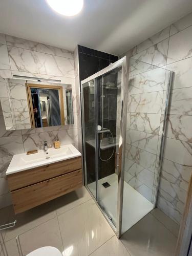 une salle de bain avec douche et lavabo dans l'établissement Studio élégant avec accès à la piscine, à Nice