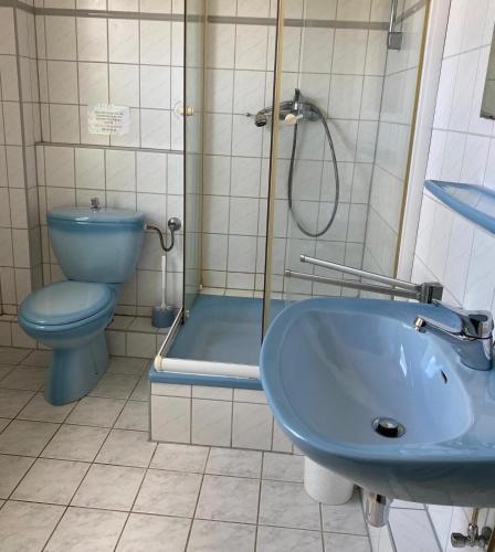 a bathroom with a blue sink and a toilet at Monteurzimmer Alte Schule Heberndorf 1 in Wurzbach