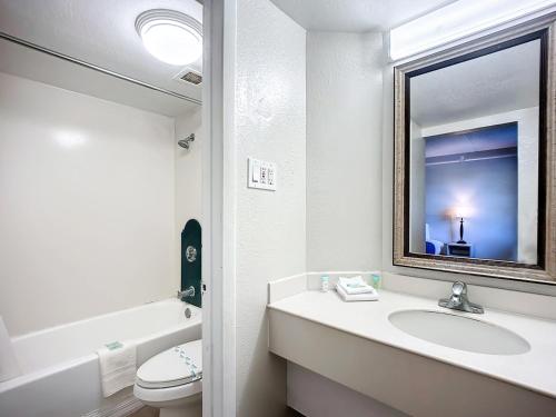 y baño con lavabo, espejo y aseo. en Stayable Jacksonville North, en Jacksonville