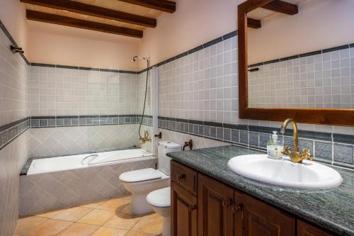 y baño con lavabo, aseo y espejo. en Villa Es Pujol den Miquel, en Felanitx