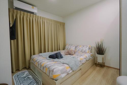 een slaapkamer met een bed met een gordijn bij Phyll Phuket 1 Bedroom 1 Bathroom Central Phuket in Ban Rangeng
