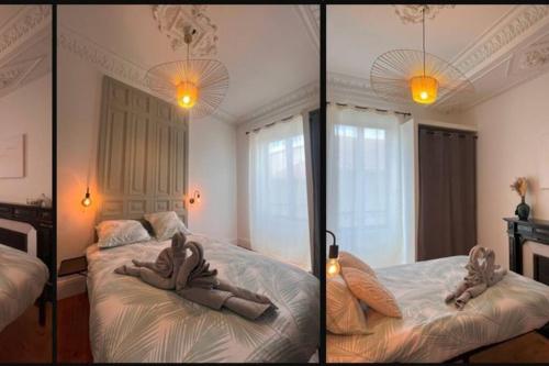 - trois photos d'une chambre avec un lit et un miroir dans l'établissement L'Haussmann - centre ville - 5 personnes, à Cournon-dʼAuvergne