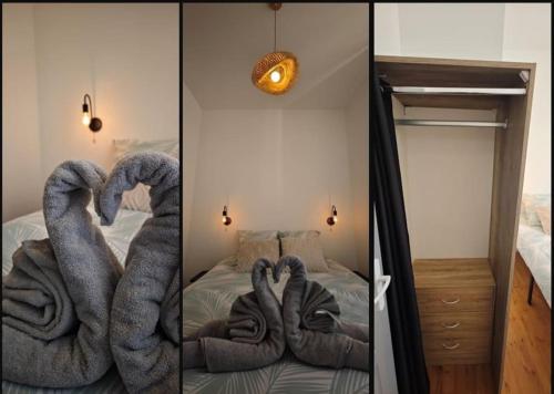 2 foto di una camera da letto con asciugamani su un letto di L'Haussmann - centre ville - 5 personnes a Cournon-d'Auvergne