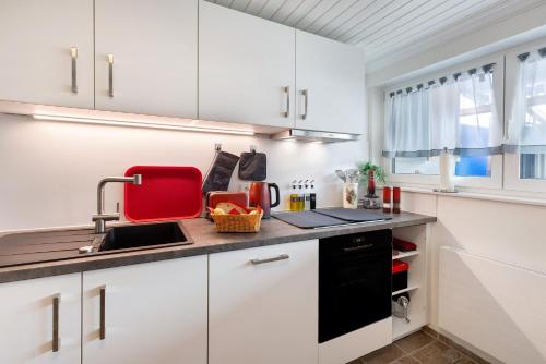 a white kitchen with a sink and a red appliance at Apartment Am Tobelbach in Oberlenningen