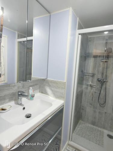 a white bathroom with a sink and a shower at Camping Soleiluna in Rocbaron