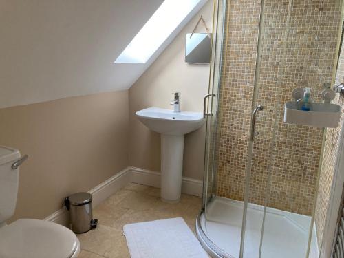 a bathroom with a shower and a toilet and a sink at Private room Bishop Norton in Market Rasen