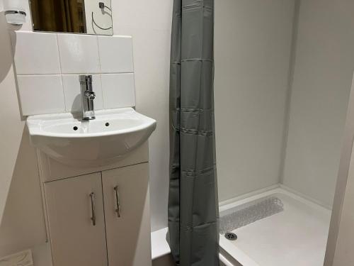 a bathroom with a sink and a shower at Preston Room Let in Yeovil