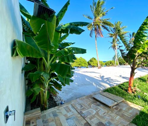 a door to a beach with palm trees at Lions Grand SUITE Ocean Front Beach & Pool in Bunju