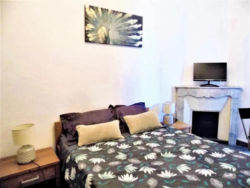 une chambre avec un lit et une cheminée dans l'établissement Appartement confortable au cœur de Nice - Vue sur la ville, à Nice