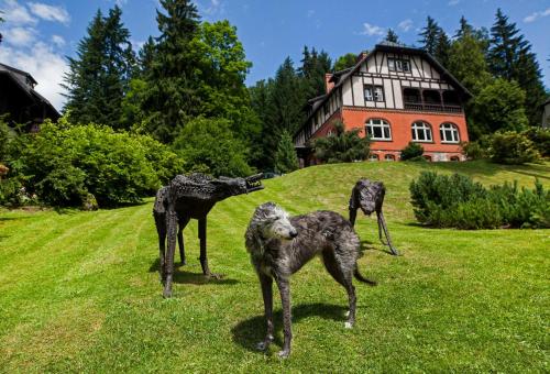 a group of statues of dogs in the grass in front of a house at Villa Titina in Miedzygorze