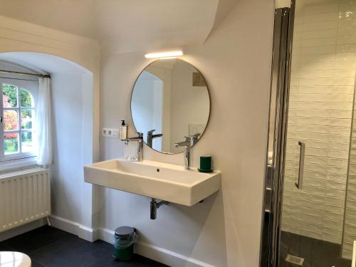 een badkamer met een wastafel en een spiegel bij Les Sorbiers in Heer