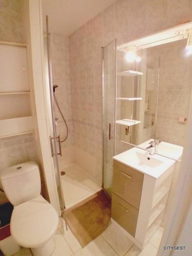une salle de bain avec toilettes, douche et lavabo dans l'établissement Studio vue mer, ascenseur, parking - 4NOUM11, à Canet