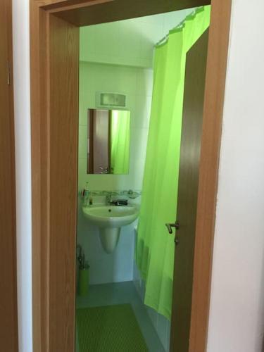 a bathroom with a sink and a green shower curtain at STUNNING VILLA with PRIVATE POOL in Kableshkovo
