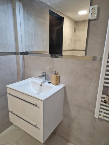 W łazience znajduje się biała umywalka i prysznic. w obiekcie Luther Boutique Homes Downtown w Budapeszcie