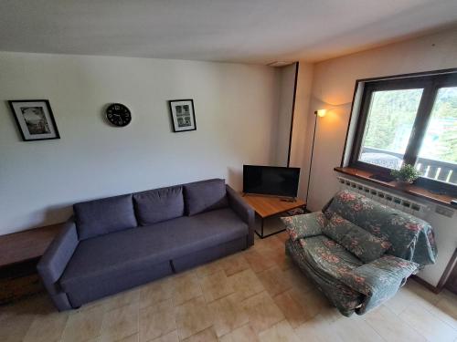 sala de estar con sofá y TV en Cozy family apartment for rest and fun, en Sella Nevea