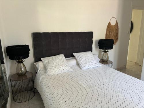 ein Schlafzimmer mit einem großen Bett mit zwei Lampen in der Unterkunft Logement cosy avec piscine ,parking et jardin in Villeneuve-lès-Avignon