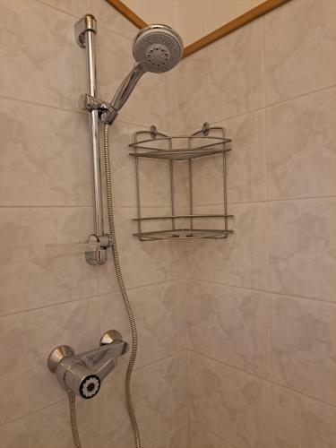 a shower with a shower head in a bathroom at Cozy family apartment for rest and fun in Sella Nevea