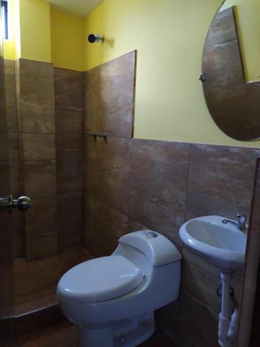 a bathroom with a toilet and a sink and a mirror at Casa Bonita in Cajamarca