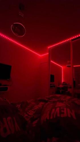 een kamer met een bed met rode lampjes erop bij SpicyGameRoom in La Paz