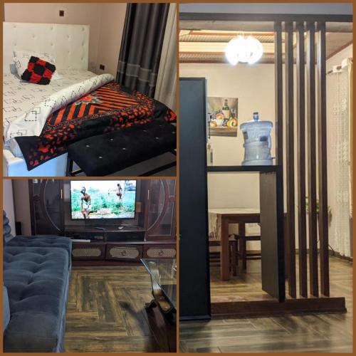 2 Bilder eines Zimmers mit einem Bett und einem TV in der Unterkunft Royal villas in Ruhengeri