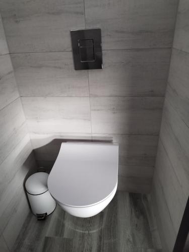 a bathroom with a white toilet and a trash can at Gönyüi álom kuckó in Gönyů