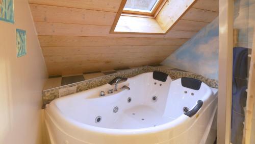 a bath tub in a bathroom with a skylight at Domaine et chambres d'Hôtes des Fées in Pretin