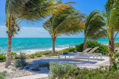 a bench and palm trees on the beach at Kailoa Villa in Long Bay Hills