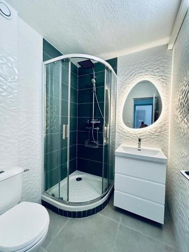 une salle de bain avec une douche, des toilettes et un lavabo dans l'établissement Carnon Plage, 1ère ligne, balcon sur la mer, à Carnon-Plage