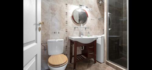 een badkamer met een toilet, een wastafel en een douche bij Design Apartment at the Parliament in Boedapest