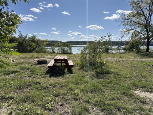 una mesa de picnic sentada en el césped cerca de un lago en KAYAK STARVED ROCK CAMPGROUND, en Ottawa